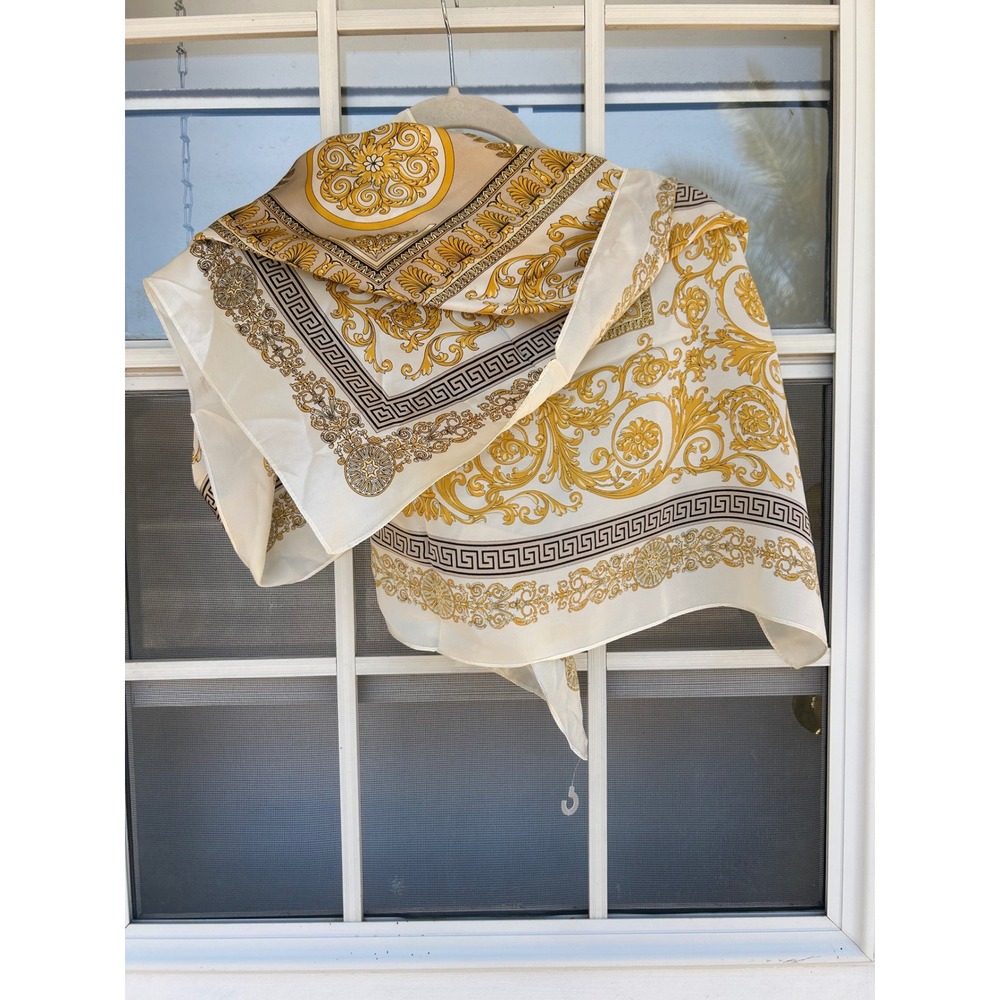 Gold Baroque Greek Key Print 100% Silk Square Scarf Cream Black 34.5in Luxury
